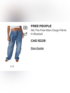 Free People women’s Relaxed Cargo Jeans in Blue or Black. Loose fit. NWT